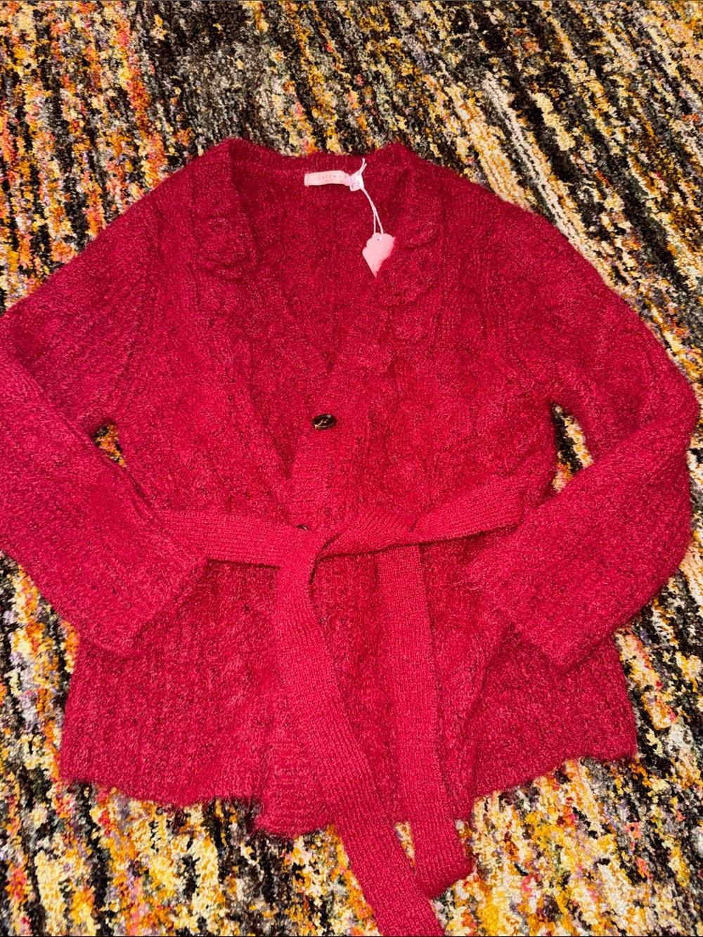 Belted Red Knit Cardigan Sweater for Women M